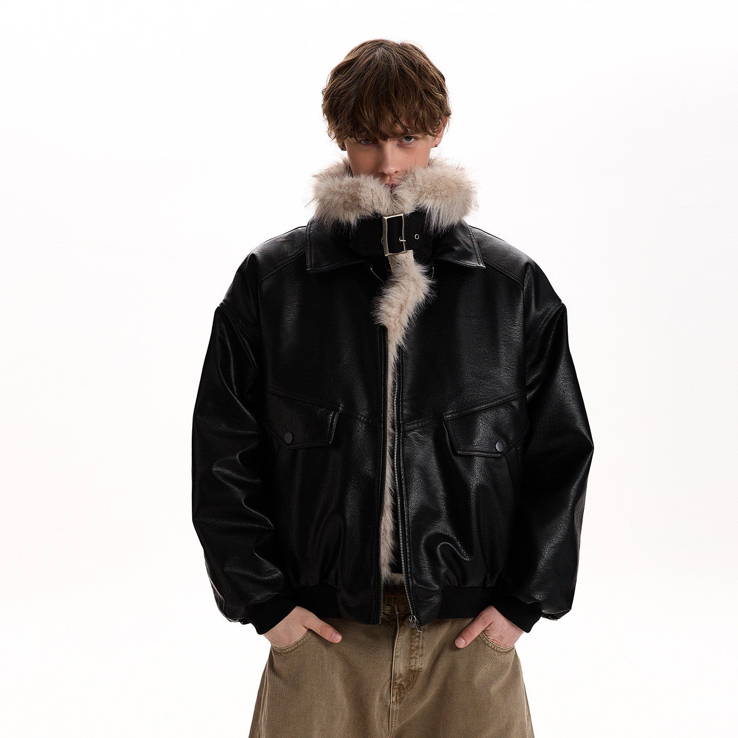 Retro Fur Collar PU Leather Jacket