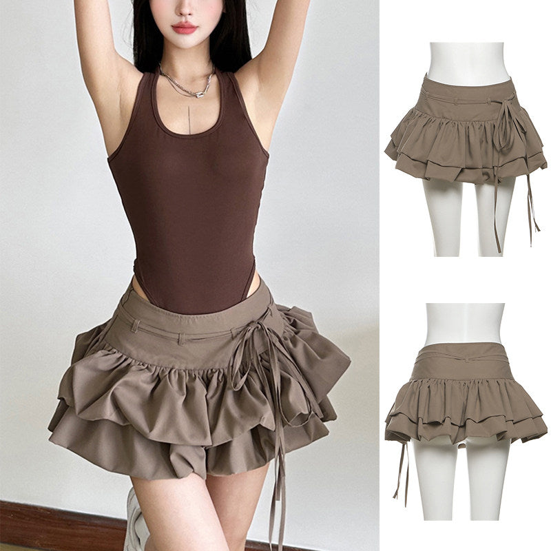 Jupe asymétrique taille haute trapèze pour femme – Jupe midi volantée style urbain avec détails en dentelle et coupe ajustée