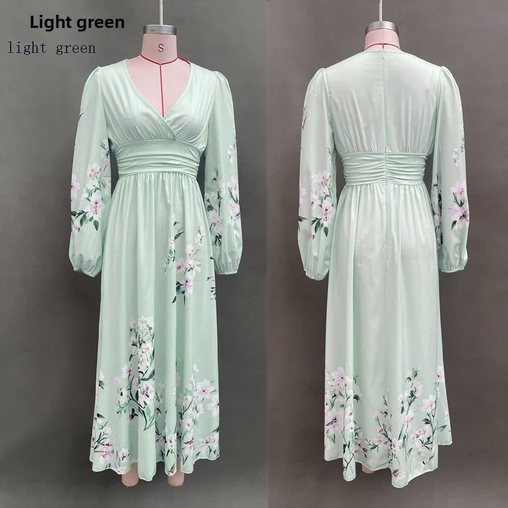 Women's Floral Digital Print Long-Sleeve V-Neck Pleated Dress