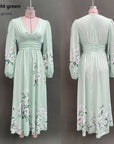 Women's Floral Digital Print Long-Sleeve V-Neck Pleated Dress