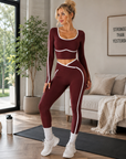Women's Color Block Yoga Set – Long Sleeve Top & Cropped Leggings, 92% Nylon