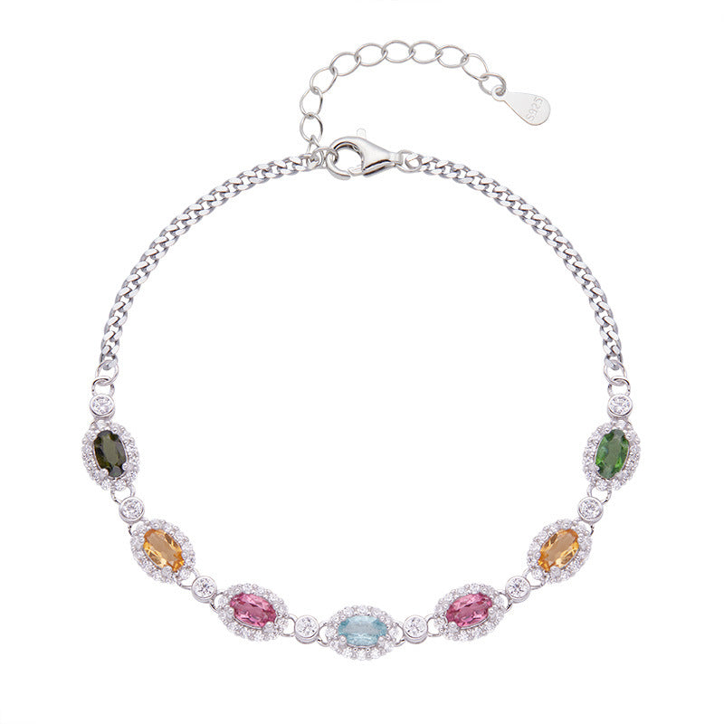 Women's Natural Tourmaline Bracelet — 925 Sterling Silver Geometric Oval