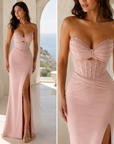 Damen Sexy Korsett-Abendkleid für formelle Anlässe & Partys – Trägerloses Satinperlen-Spitzen-Maxikleid mit schmaler Passform