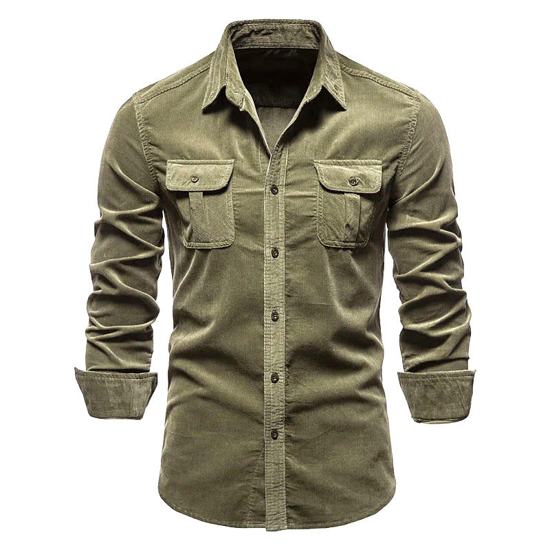 Men's Corduroy Long Sleeve Slim Fit Shirt – Ribbed Cotton Lapel Collar Business Casual Button-Down Top