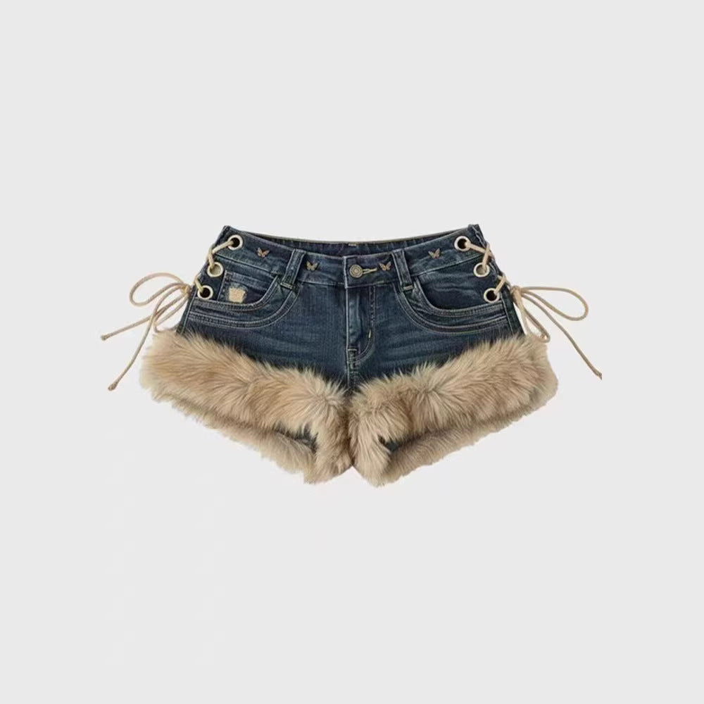 Women's Retro Low-Rise Denim Shorts with Fur Patchwork