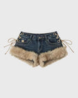 Women's Retro Low-Rise Denim Shorts with Fur Patchwork