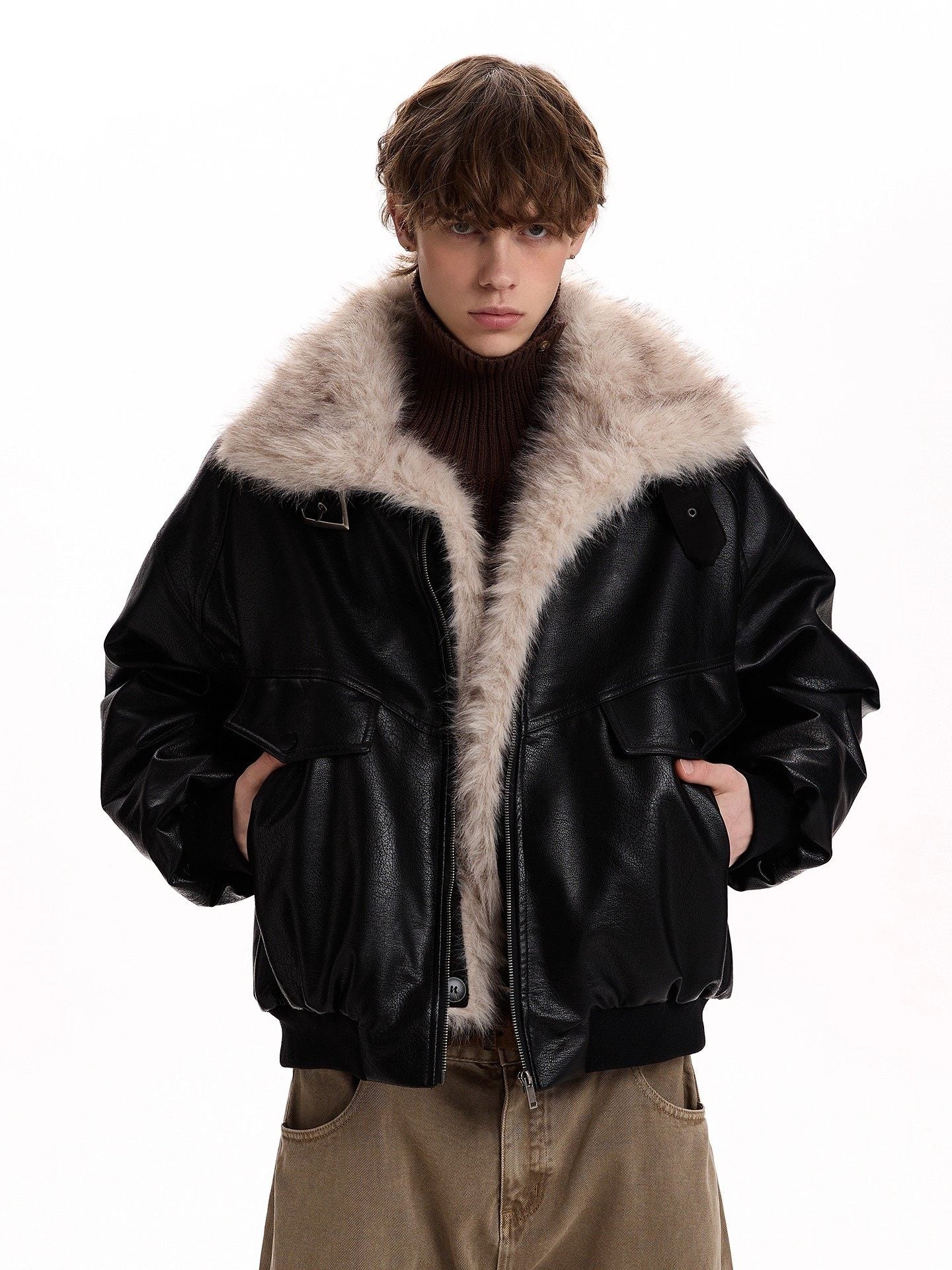 Retro Fur Collar PU Leather Jacket