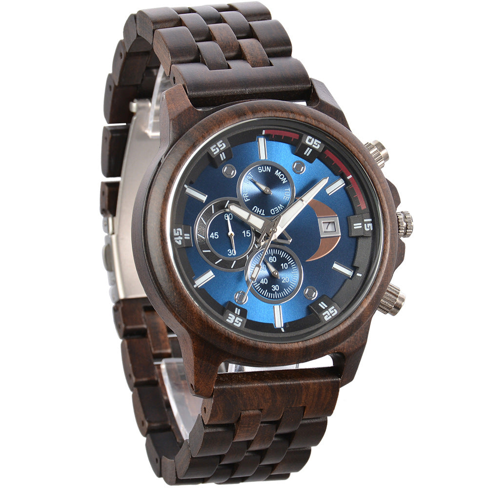 Men’s Natural Sandalwood Quartz Watch – Large Dial Chronograph, Minimalist Wooden Design