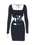 Womens Hollow Waist Long Sleeve Pencil Dress