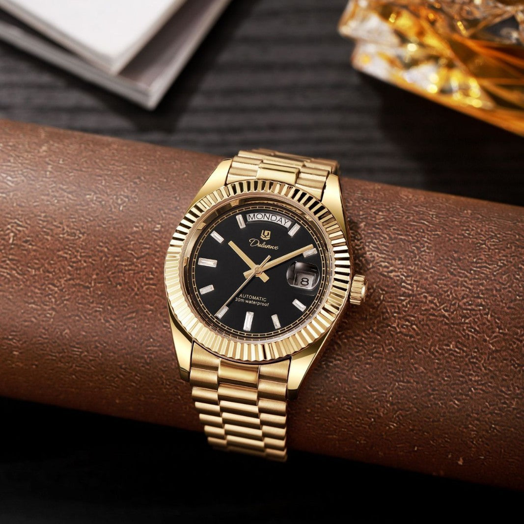 Men's Automatic Calendar Watch – Stainless Steel Mechanical Timepiece with Day-Date Display, Mineral Crystal &amp; Waterproof Design