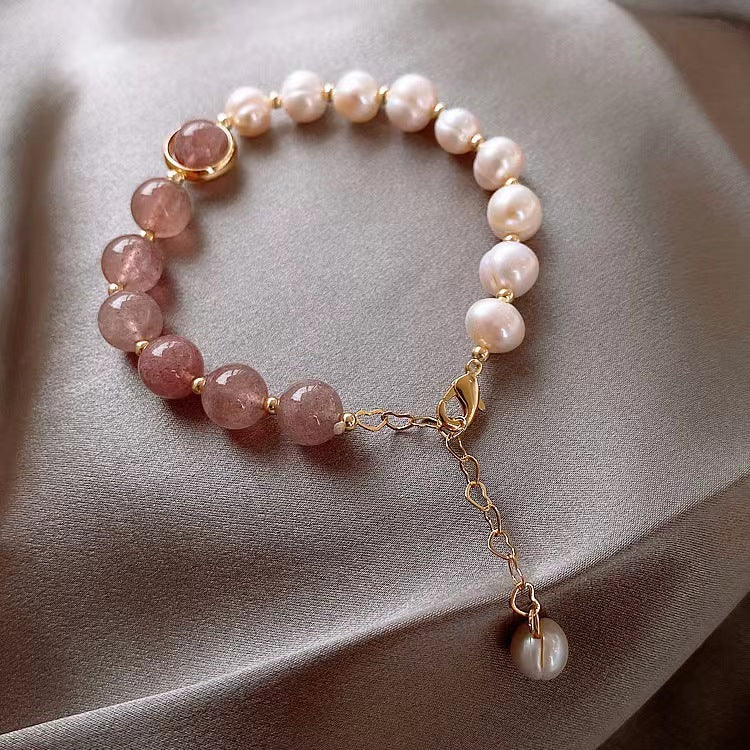 Bracelet Cœur en Perles Naturelles pour Femme – Bracelet Perles Cristal Fraise Élastique Réglable