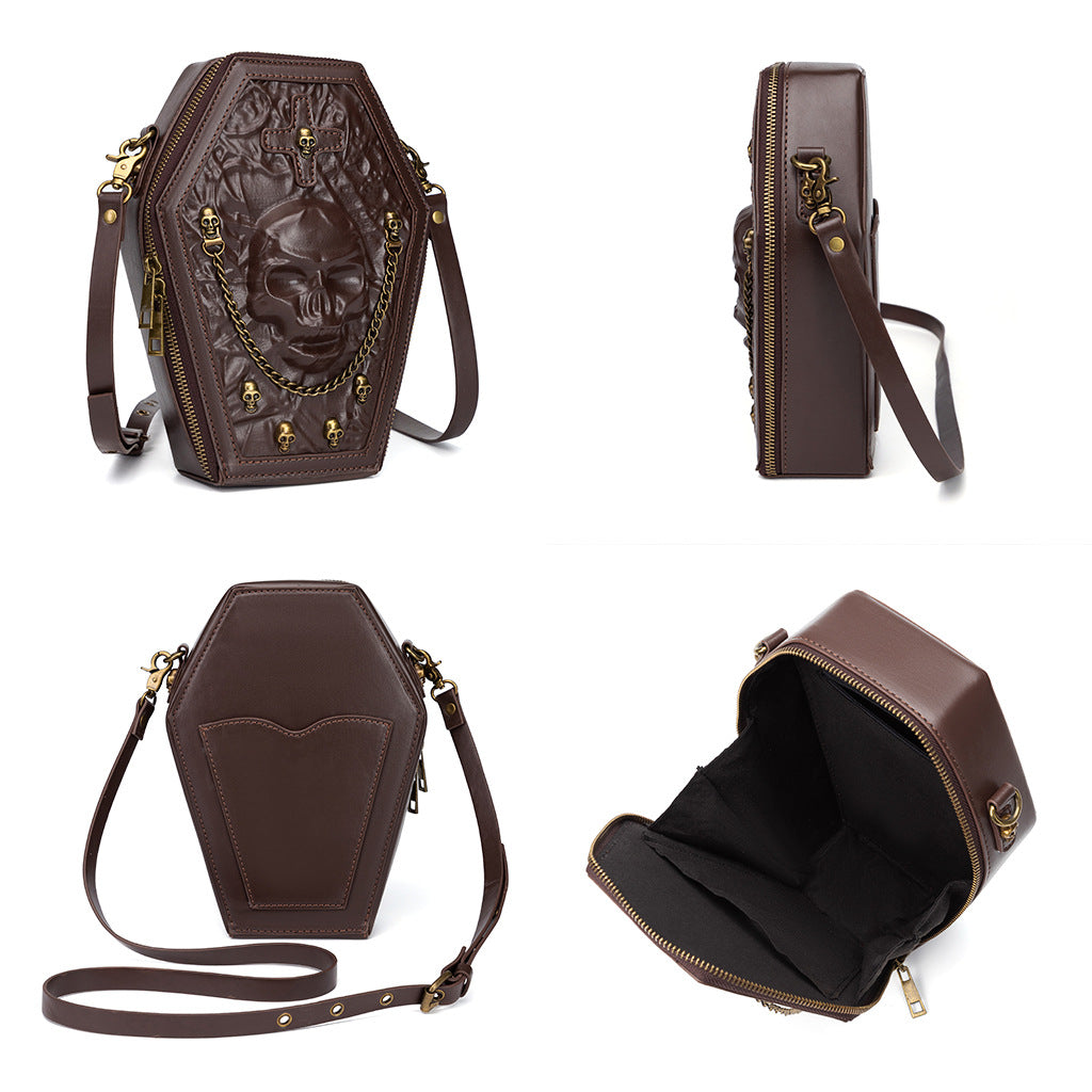 Gotische Umhängetasche in Sargform für Damen – PU-Leder Schultertasche mit Kettendetail und verstellbarem Riemen
