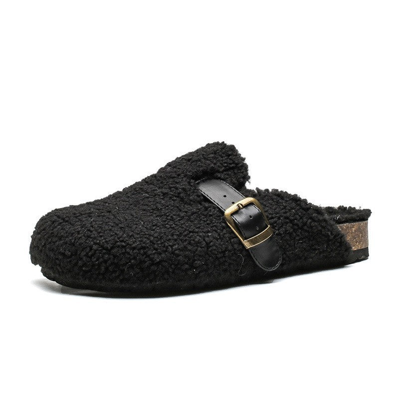 Women's Wool-Lined Genuine Leather Mule Slippers – Retro Thick-Sole Backless Slip-Ons