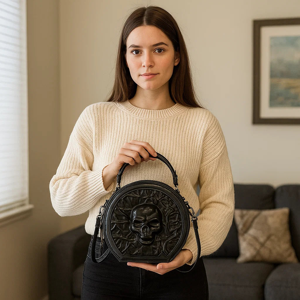 Gotische Umhängetasche in Sargform für Damen – PU-Leder Schultertasche mit Kettendetail und verstellbarem Riemen