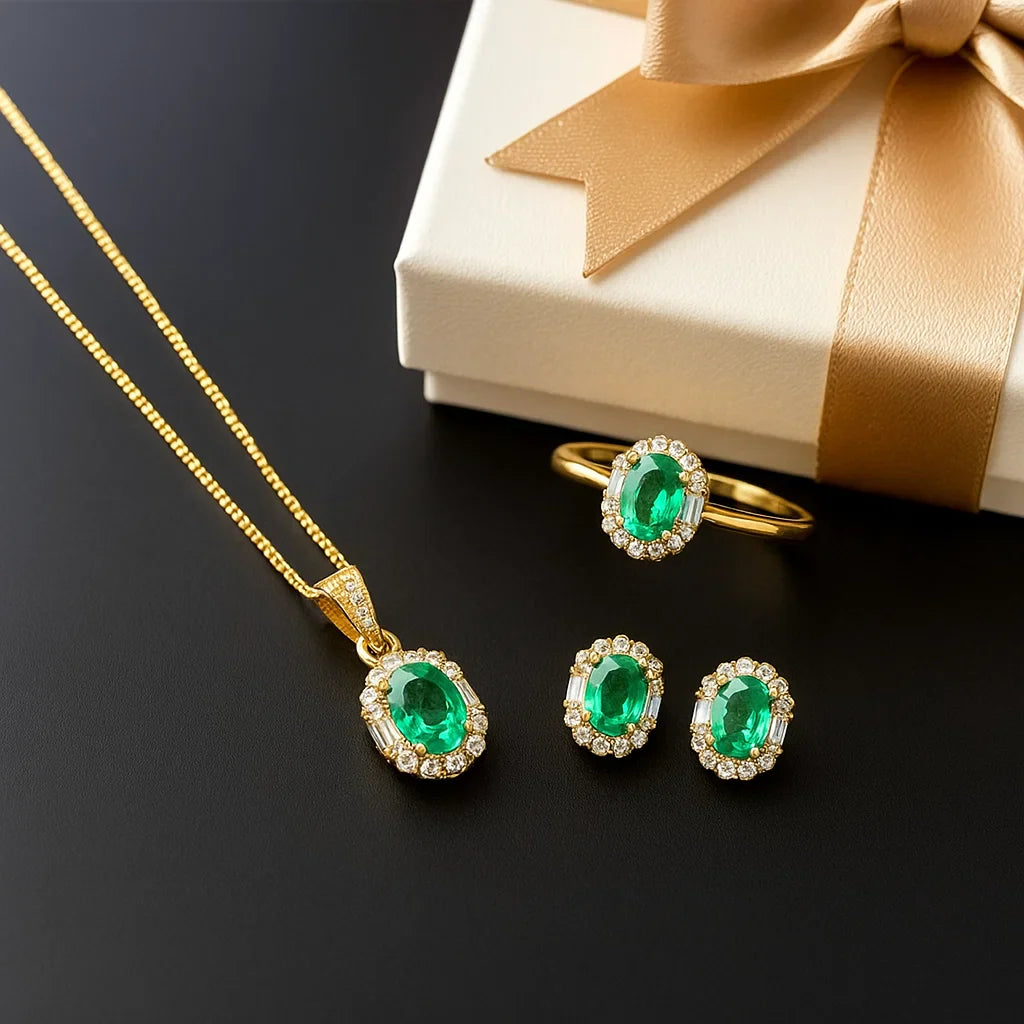 Women’s Natural Colombian Emerald Jewelry Set – Sterling Silver with Adjustable Ring