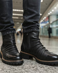 Herren Motorradstiefel – Verstärktes PU-Leder, rutschfeste Gummisohle, seitlicher Reißverschluss & Schnallen, Wadenhoch 30cm
