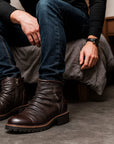 Herren Motorradstiefel – Verstärktes PU-Leder, rutschfeste Gummisohle, seitlicher Reißverschluss & Schnallen, Wadenhoch 30cm