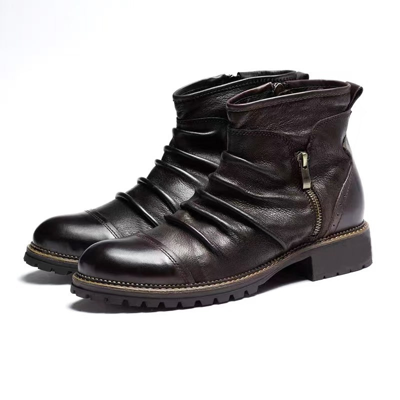Herren Motorradstiefel – Verstärktes PU-Leder, rutschfeste Gummisohle, seitlicher Reißverschluss &amp; Schnallen, Wadenhoch 30cm