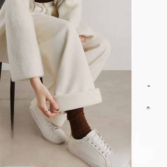 Damen High-Waist Hose mit weitem Bein aus Wollmischung – Fleece-gefütterte Straight-Hose mit Gummizug in der Taille, weicher Seidenmischung &amp; elegantem Winter-Stil