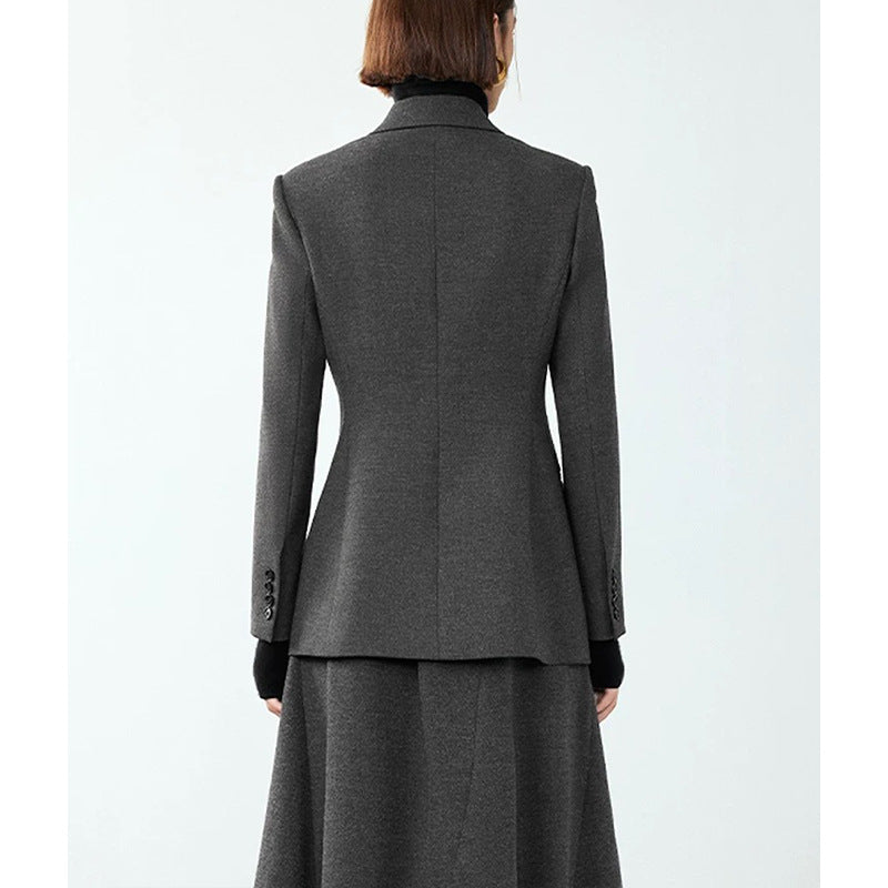 Veste de costume croisée grise pour femme – Blazer de bureau style rétro, longueur moyenne