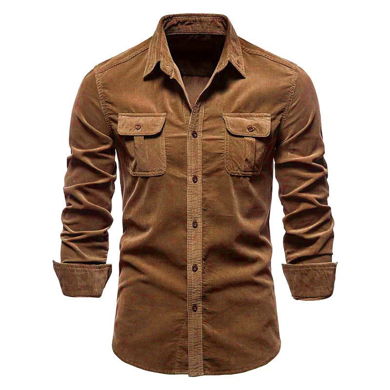 Men's Corduroy Long Sleeve Slim Fit Shirt – Ribbed Cotton Lapel Collar Business Casual Button-Down Top