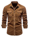 Men's Corduroy Long Sleeve Slim Fit Shirt – Ribbed Cotton Lapel Collar Business Casual Button-Down Top