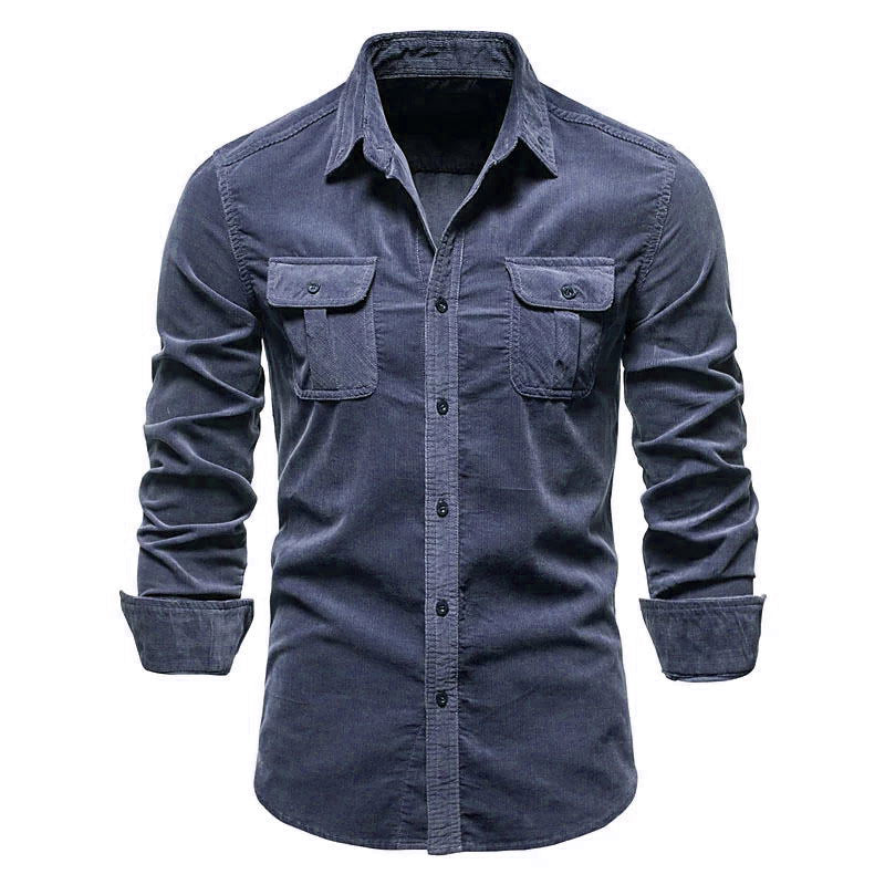 Men's Corduroy Long Sleeve Slim Fit Shirt – Ribbed Cotton Lapel Collar Business Casual Button-Down Top