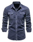 Men's Corduroy Long Sleeve Slim Fit Shirt – Ribbed Cotton Lapel Collar Business Casual Button-Down Top