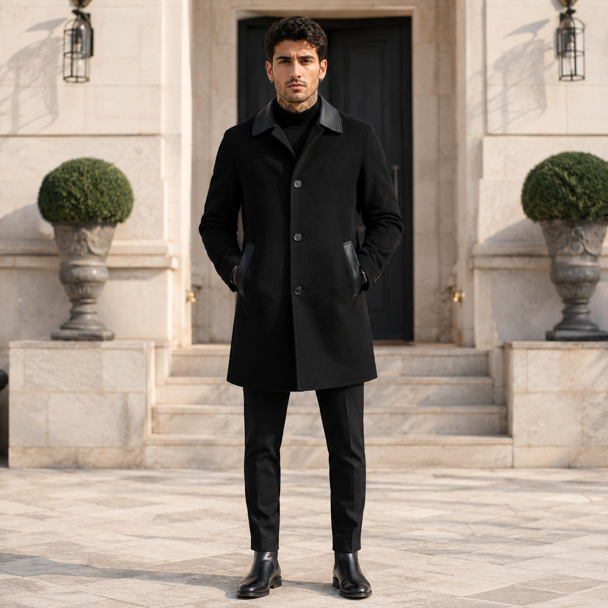 Men's  Wool Double-Faced Trench Coat - Single-Breasted Lapel Overcoat