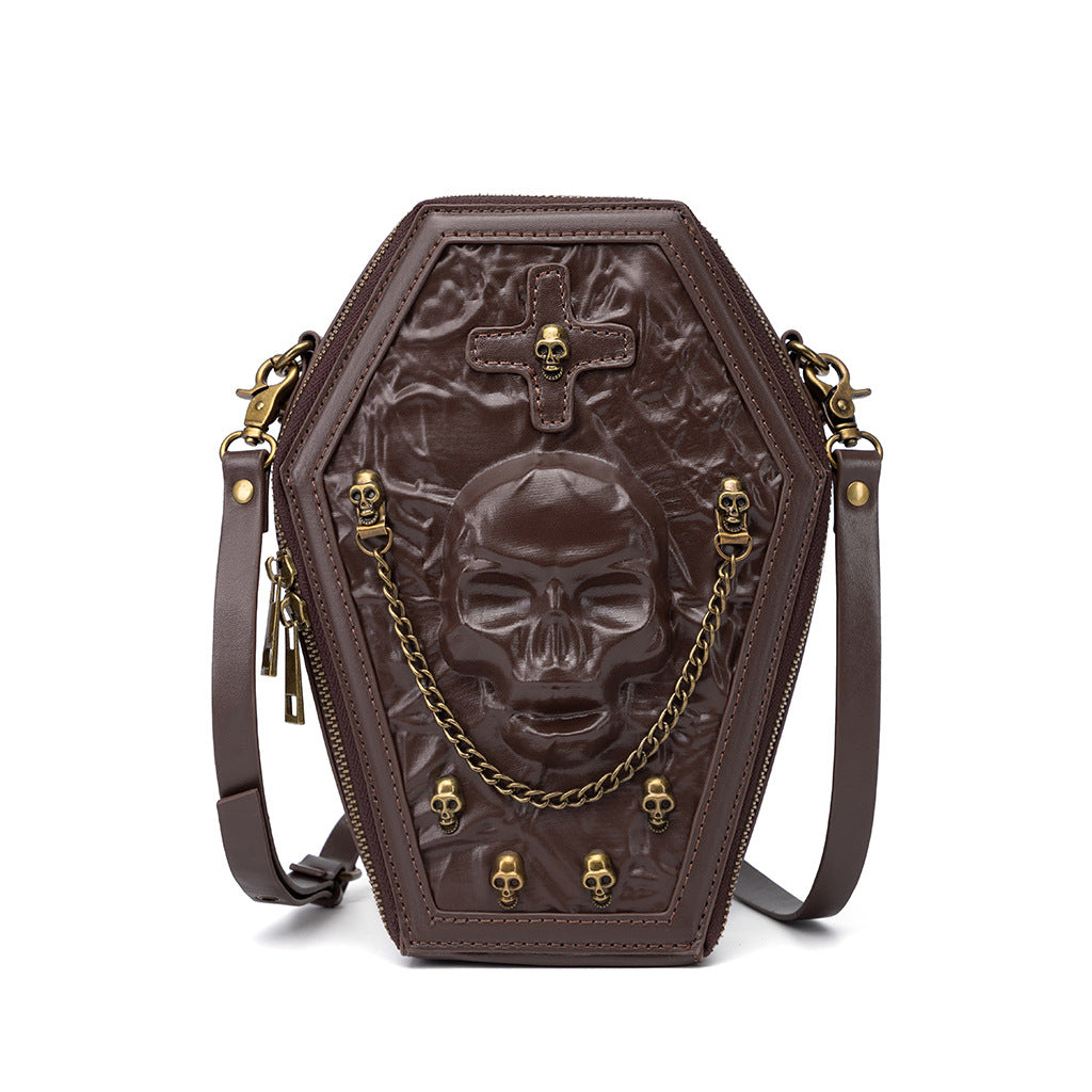 Gotische Umhängetasche in Sargform für Damen – PU-Leder Schultertasche mit Kettendetail und verstellbarem Riemen