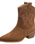 Women's Short Western Cowboy Boots – Suede Pointed Toe Thick Heel Slip-On