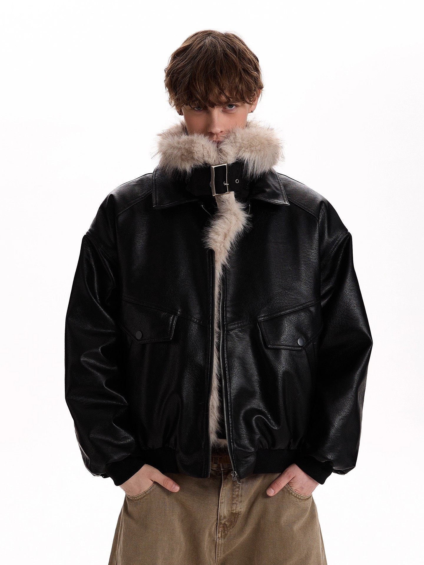 Retro Fur Collar PU Leather Jacket