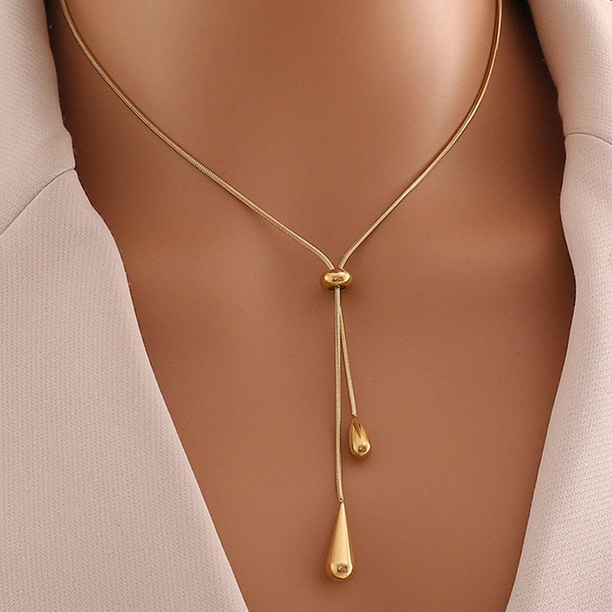Women Gold-Plated Tassel Earrings and Necklace Set – Titanium Steel Water Drop Pendant Fashion Jewelry