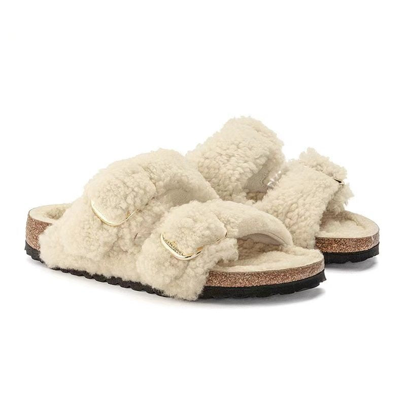 Lazybones Damen-Outdoor-Hausschuhe mit Fellfutter – Warme Baumwoll-Corksohle, lässige, rutschfeste Pantoletten