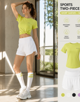 A woman models a lime green short-sleeve crop top and white shorts set in an indoor space with large windows. The right side features product information text, a smaller product image, and color swatches.
