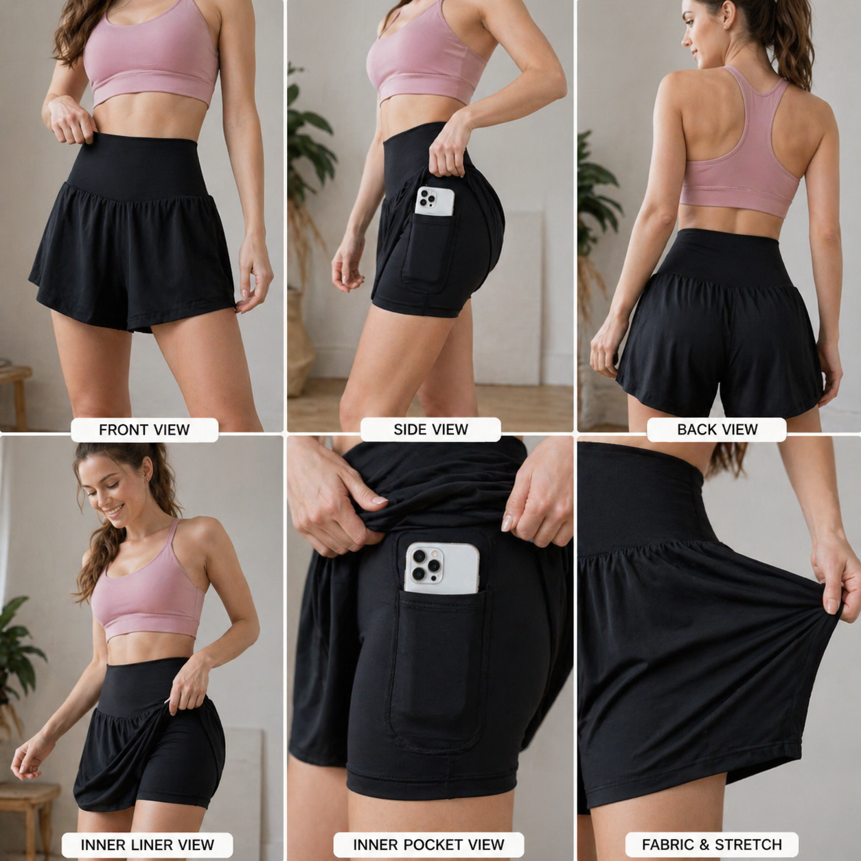 Women's High-Waist Quick-Dry Sports Two-Piece Set – Padded Bra &amp; Shorts with Side Pocket, 4 Colors