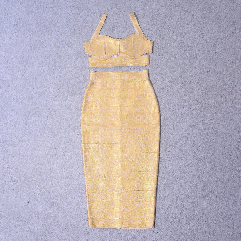 Women's Gold-Embossed Bandage Crop Top &amp; Long Skirt Set