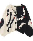Damen Strickjacke mit V-Ausschnitt und Farbblockdesign – Handgemachter Pullover aus Baumwollmischung im französischen Stil