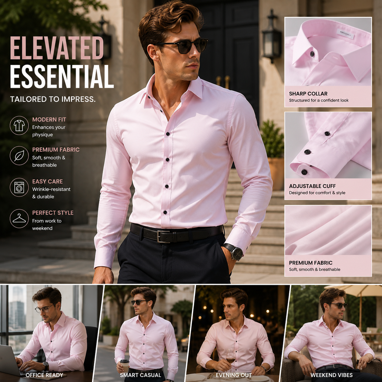 Men's Wrinkle-Free 4-Way Stretch Business Casual Long Sleeve Shirt