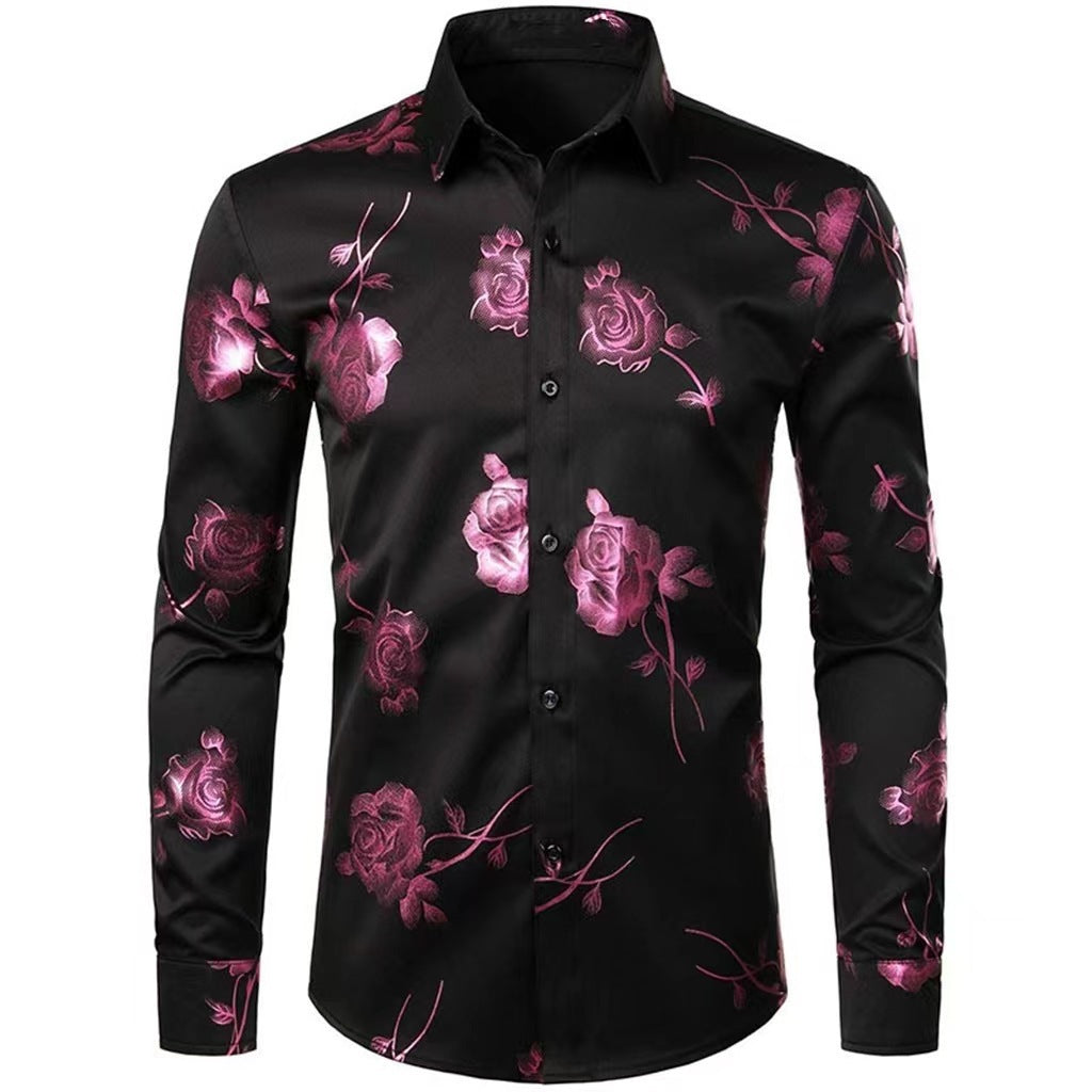 Herren 3D-Hemd mit Blumenmuster – Stretch-Slim-Fit Urban Hemd mit Revers