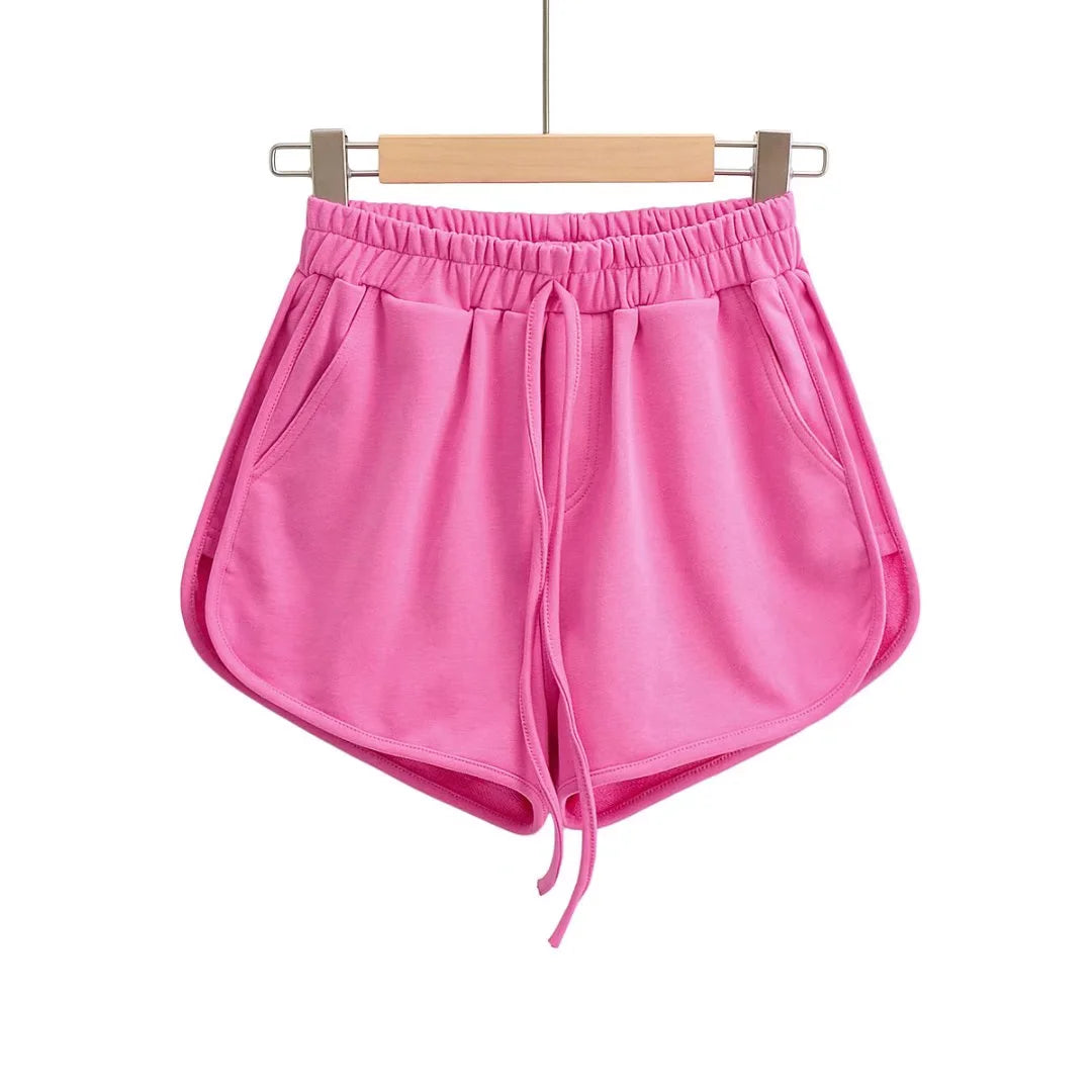 Damen High-Waist Baumwoll-Frottee-Shorts – lockere Lounge-Shorts mit Kordelzug und Taschen, S–L, 5 Farben