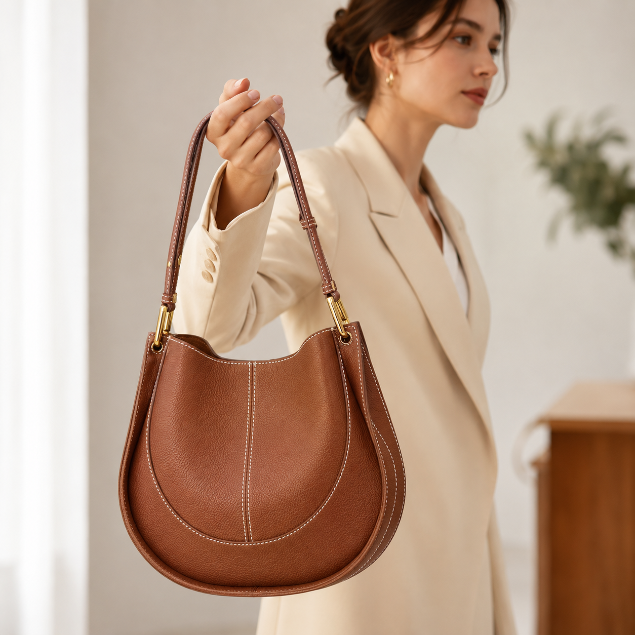 Damen PU-Leder Sattel-Schultertasche – Runde Retro Umhängetasche mit mehreren Fächern