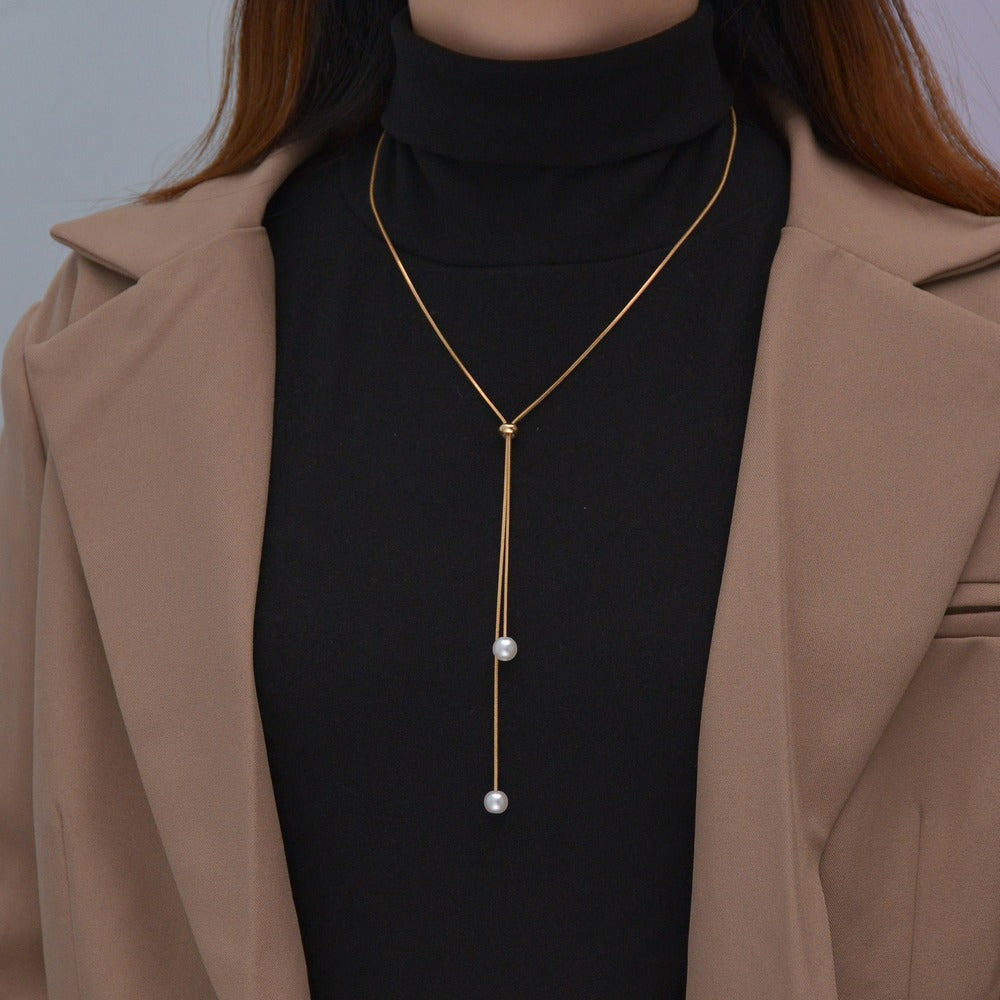 Verstellbare Y-förmige Perlen-Halskette für Damen – koreanische Mode, geometrische Zinklegierungs-Kette, 61–70 cm