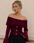 Women's Off-Shoulder Bell-Sleeve Sweater Top – Clinched Splicing Long-Sleeve Knitwear