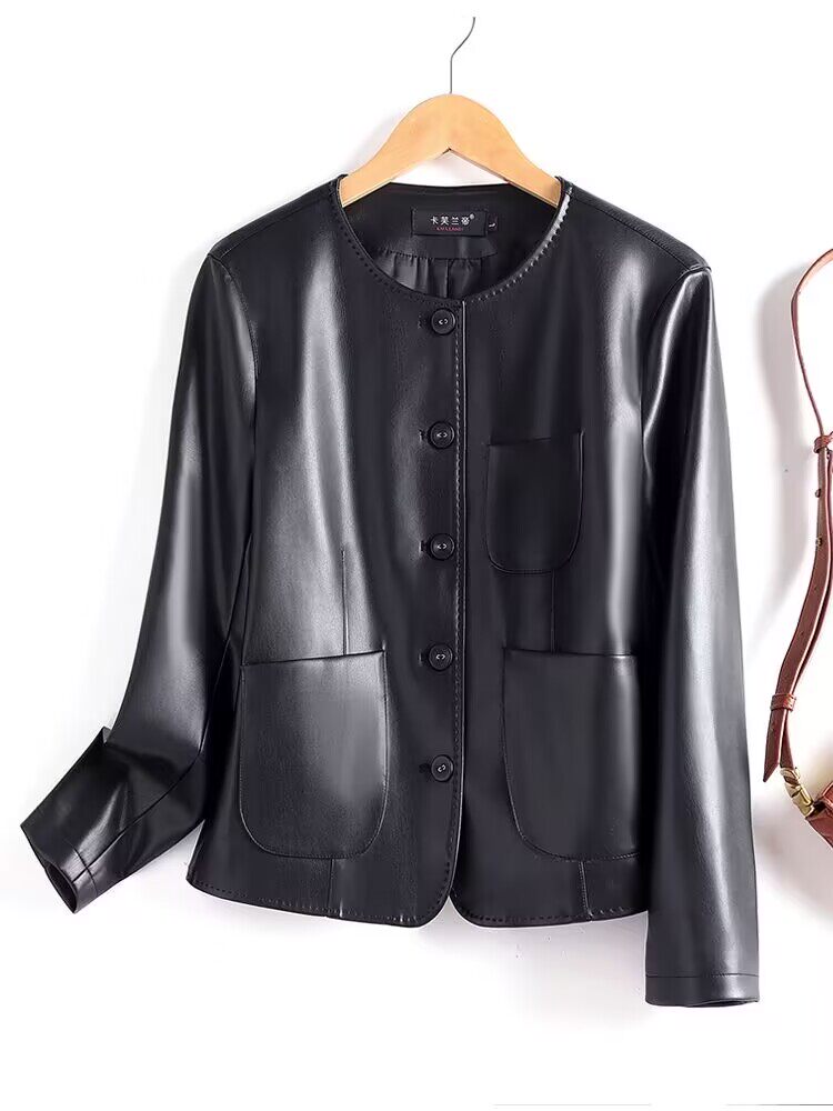 Damenjacke aus 100 % echtem Schaffleder – schmale Passform, kurzer Rundhalsmantel im koreanischen Stil