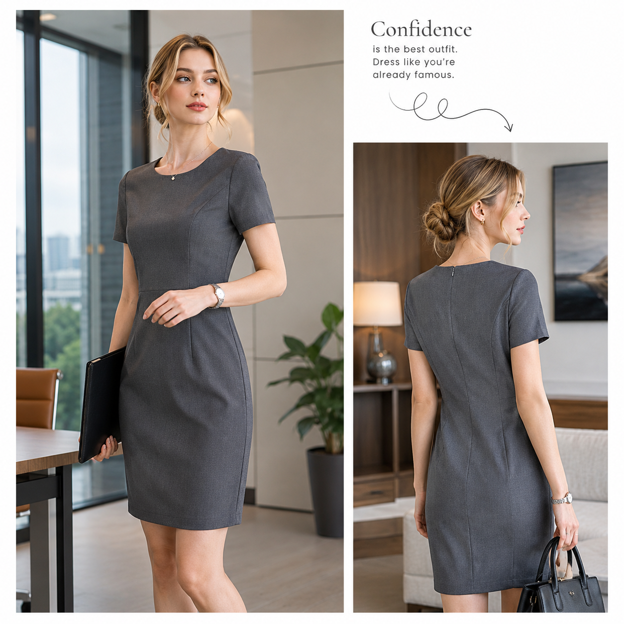 Women's Short Sleeve Professional A-Line Dress – Slim Fit Office Wear
