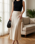 Women's Long Satin Fishtail Skirt – Elegant Bias-Cut A-Line Midi Skirt in Triacetate Blend with Smooth Draping for Office & Casual Wear