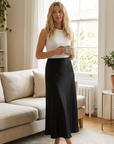 Women's Long Satin Fishtail Skirt – Elegant Bias-Cut A-Line Midi Skirt in Triacetate Blend with Smooth Draping for Office & Casual Wear