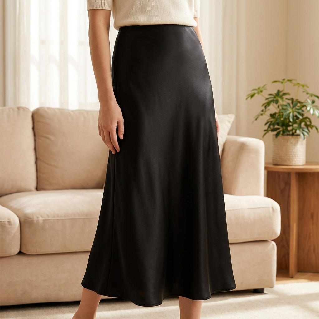 Women's Long Satin Fishtail Skirt – Elegant Bias-Cut A-Line Midi Skirt in Triacetate Blend with Smooth Draping for Office &amp; Casual Wear