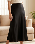 Women's Long Satin Fishtail Skirt – Elegant Bias-Cut A-Line Midi Skirt in Triacetate Blend with Smooth Draping for Office & Casual Wear